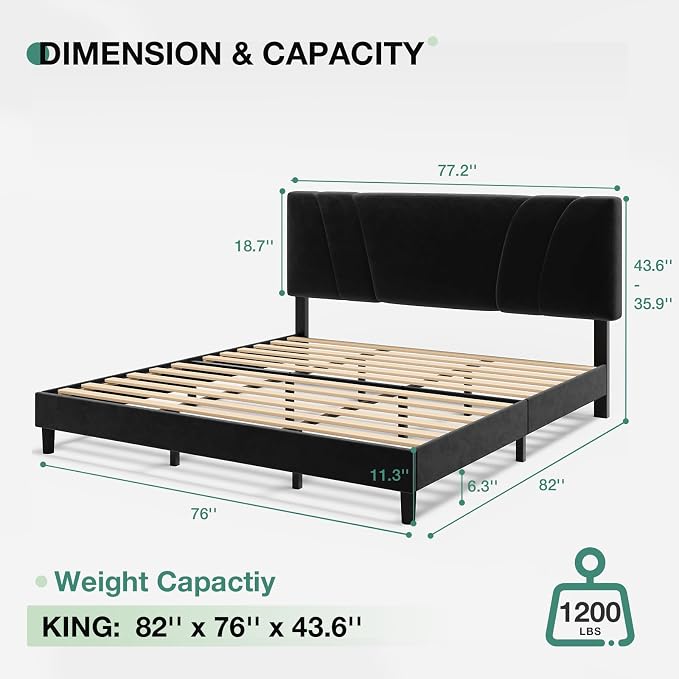 Novilla King Bed Frame and Headboard, King Bed Frame, Velvet Upholstered Bed - Image 2