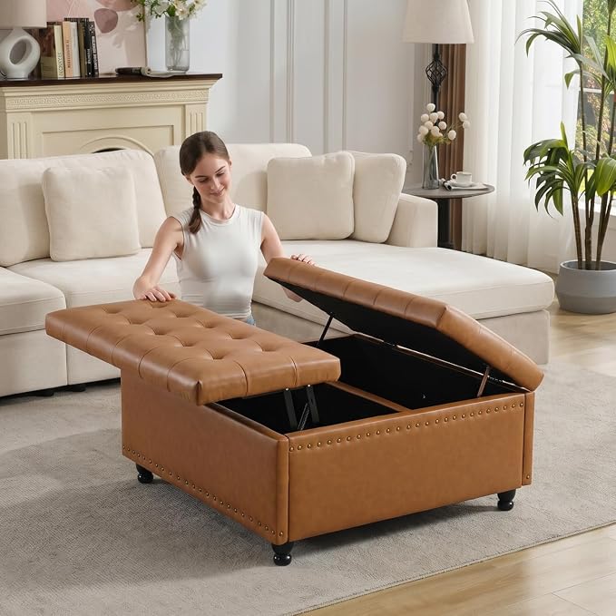 Tbfit Large Square Storage Ottoman Bench, Tufted Upholstered Coffee Table by TBfit