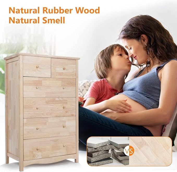 VINGLI Unfinished 6 Drawer Dresser, Natural Solid Wood Dresser Color DIY - Image 3