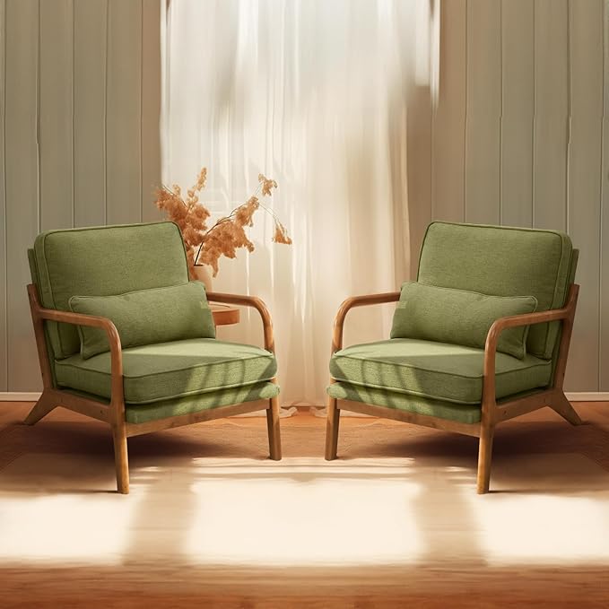 Bonnlo Dark Green Linen Accent Chairs Set of 2, Upholstered Mid Century Modern by Bonnlo