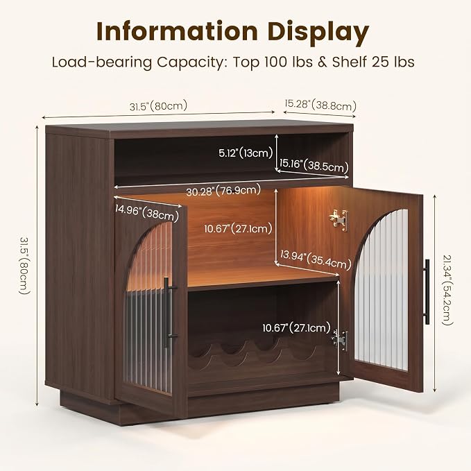 Sideboard Buffet Cabinet with Storage, Wine Bar Cabinet with Arched Glass Doors - Image 2