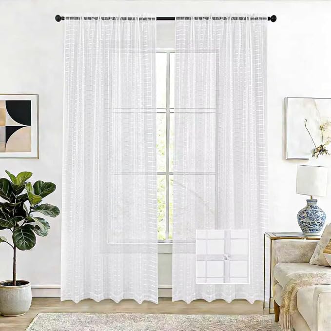 SpaceDresser Check Sheer Curtains 108 Inches Long by SpaceDresser