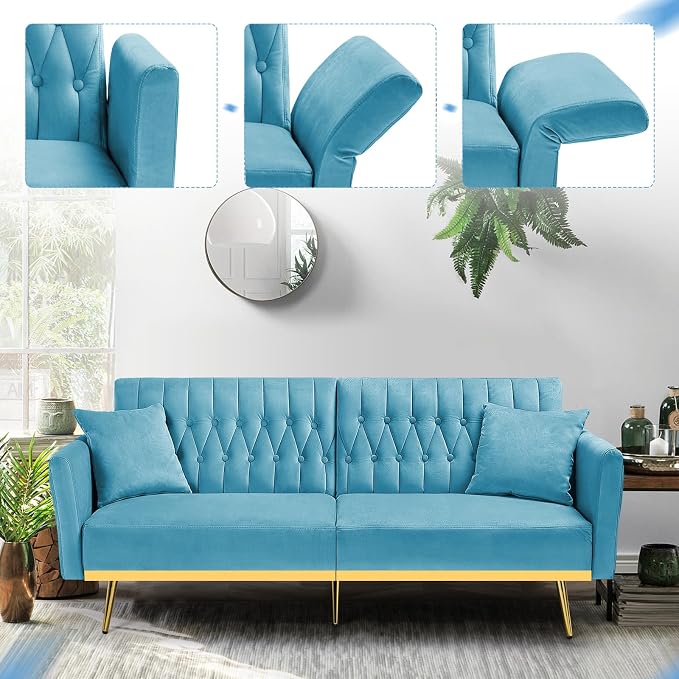 70” Velvet Futon Sofa Bed with 2 Pillows and Adjustable Armrests, Convertible - Image 5