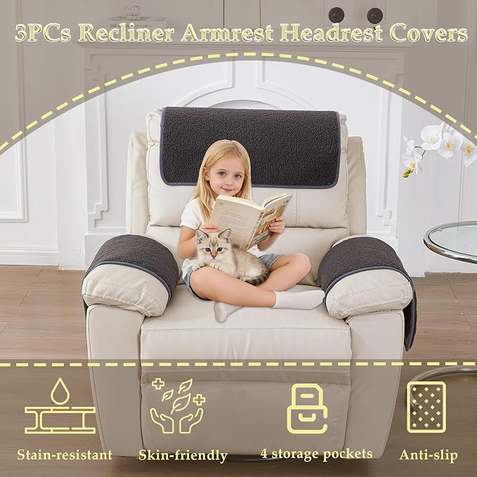 Armrest Covers - Arm Chair Covers Set of 3 Recliner Chair Covers, - Image 2