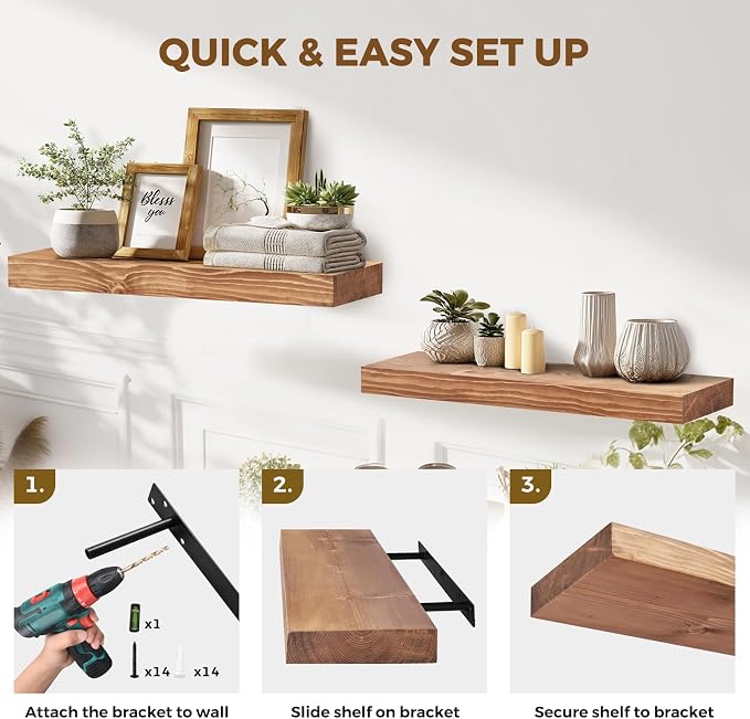 24x8x1.6 inch Floating Shelves Set of 2 – Solid Wood Rustic Oak Wall Mounted - Image 5