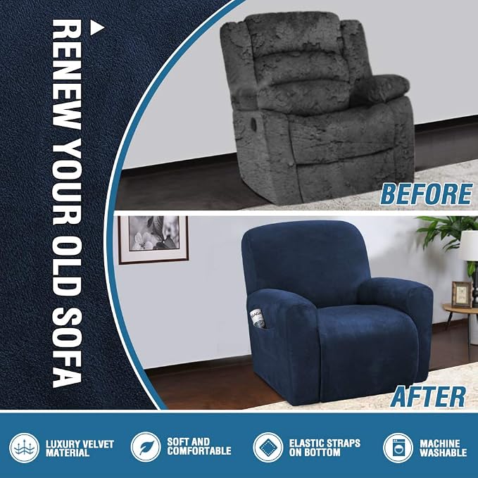 H.VERSAILTEX Velvet Stretch Recliner Couch Covers 4-Pieces Style Recliner Chair - Image 5