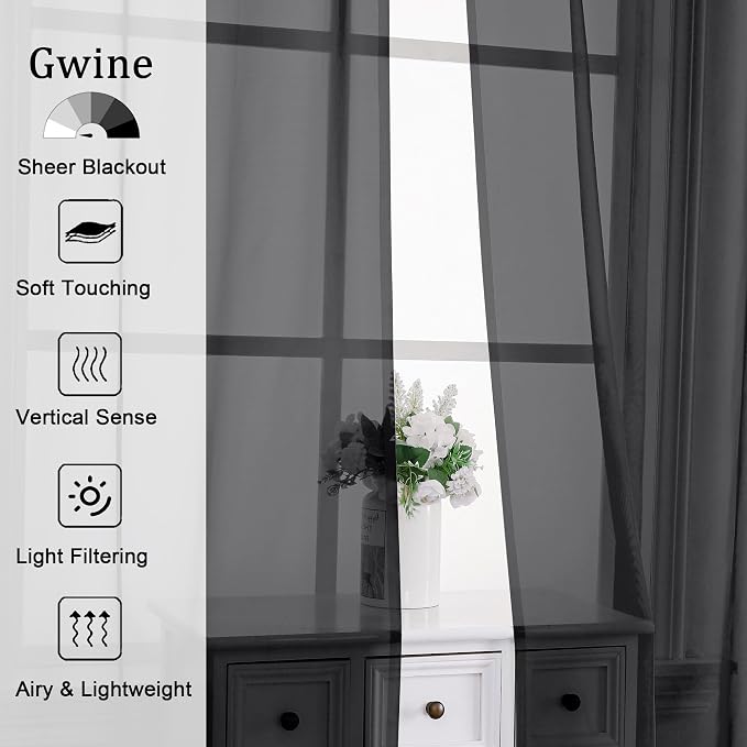 Gwine Black Sheer Curtains 108 Inches Long 2 Panels Set, Voile Light Filtering - Image 2