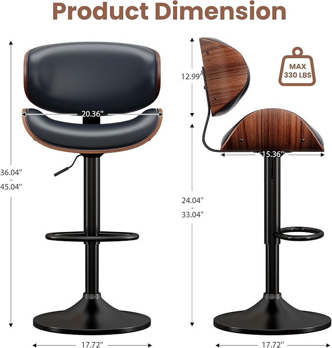 YaFiti Bar Stools Set of 2, Bentwood Adjustable Height Swivel Bar Stools - Image 3