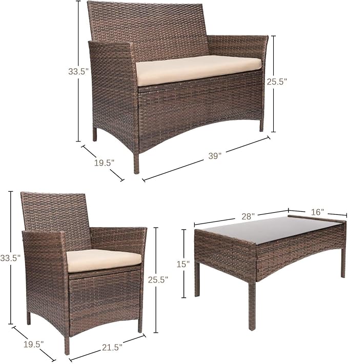 Devoko 4 Pieces Outdoor Patio Furniture Set, PE Rattan Wicker Chairs Balcony - Image 9