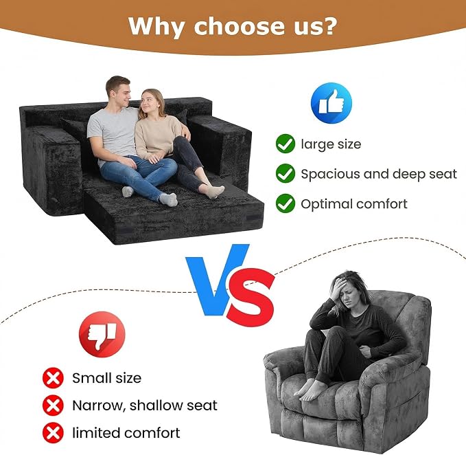 Loveseat Sofa Bed, Convertible Silky Velvet 5-in-1 Foldable Boneless Sleeper - Image 6