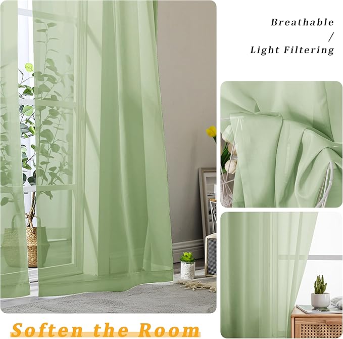 Gwine Light Green Sheer Curtains 30 Inch Length, Short Light Filtering Voile - Image 3