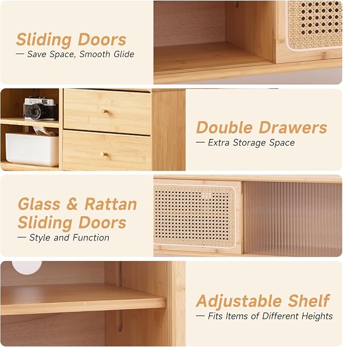 Tiita Rattan TV Stand for 55 60 Inch TV, Bamboo TV Cabinet - Image 5
