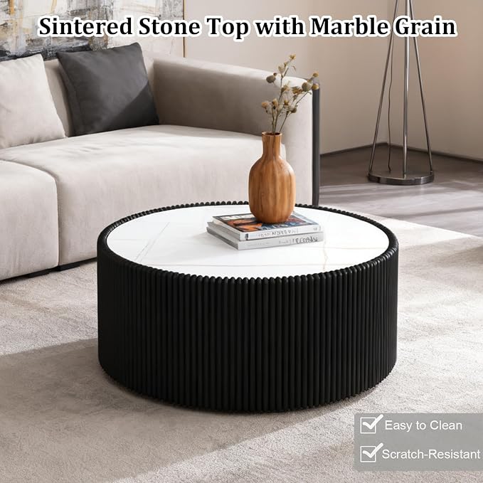 SSLine Round Drum Coffee Table Modern Sintered Stone Top Coffee Table in Black - Image 6