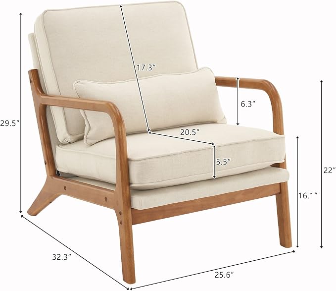 Bonnlo Fine Linen Beige Mid Century Modern Accent Chair, Soild Wood Padding - Image 2