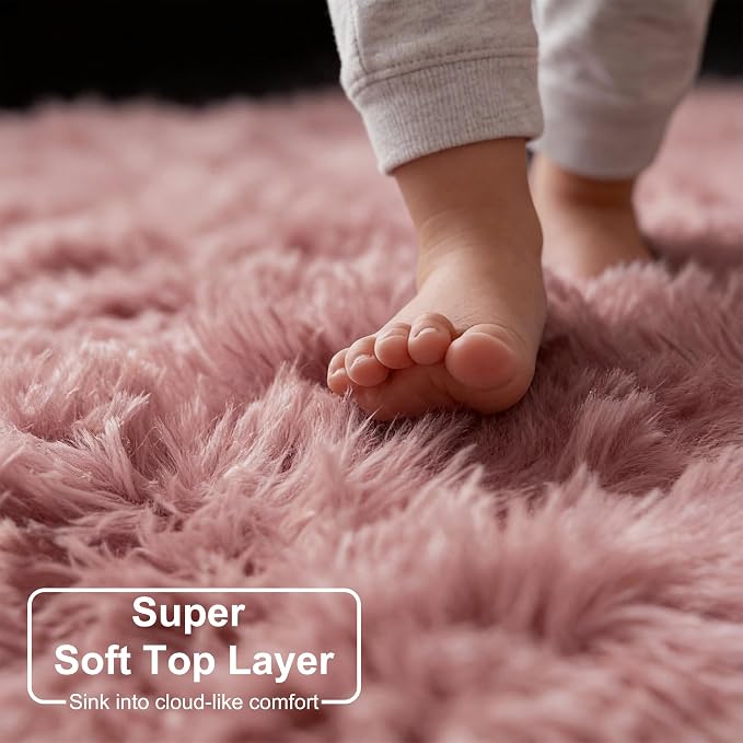 Blush Pink Big Round Rug 8Ft for Kids Bedroom, Large Fluffy Fuzzy Furry Circle - Image 5