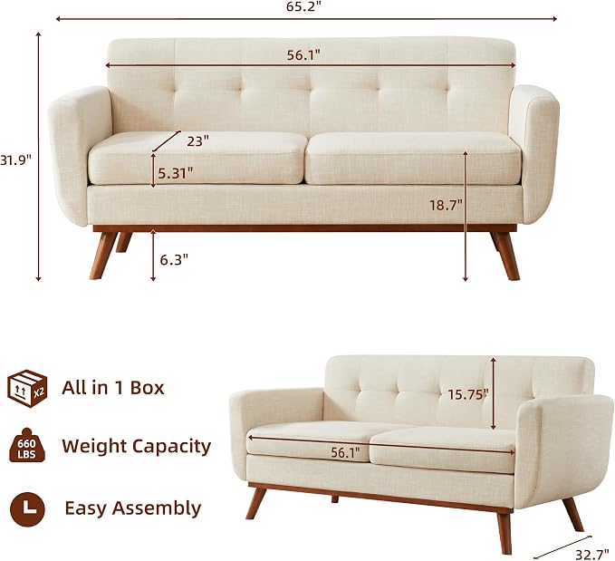Kingfun 65.2" W Loveseat Sofa, Mid Century Modern Decor Love Seat Couches - Image 2