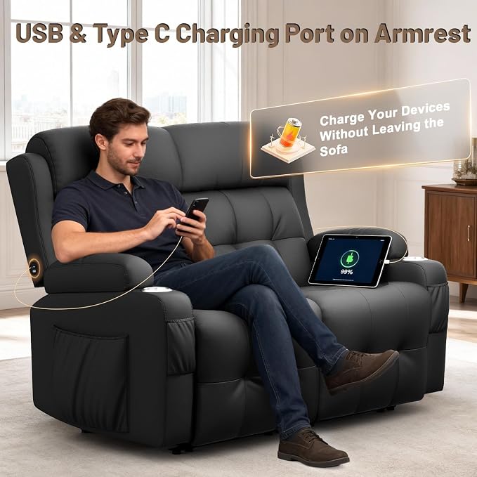Reclining Loveseat with Pebble Texture Fabric, Loveseat Recliner with USB/Type - Image 4