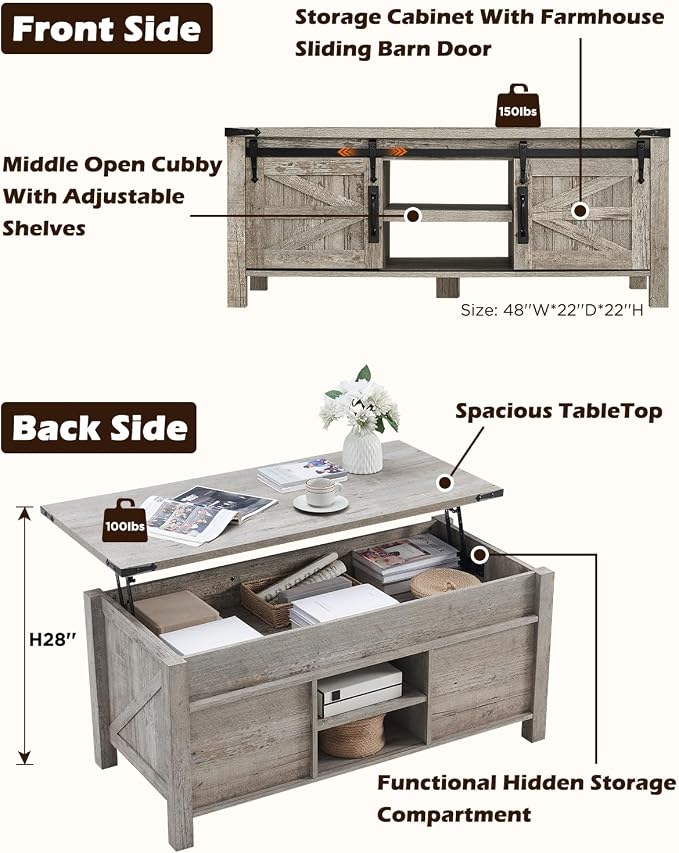 OKD 48" Farmhouse Lift Top Coffee Table - Image 2