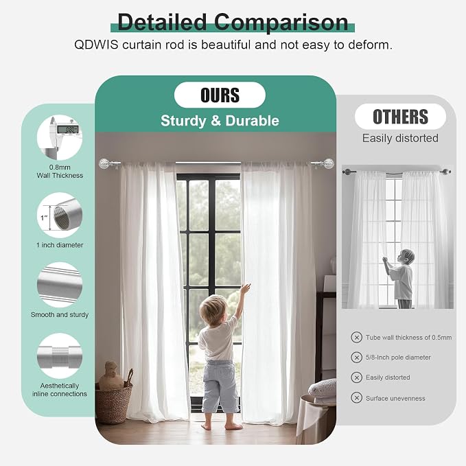 QDWIS Silver Curtain Rods for Windows 48 to 84 inch, Rustic Decorative Drapery - Image 3