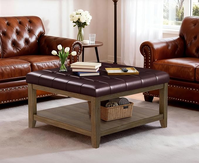 ABHENG 31.5” Large Square Storage Ottoman, Upholstery Solid Rubberwood Coffee by Liveinacomfortablehome