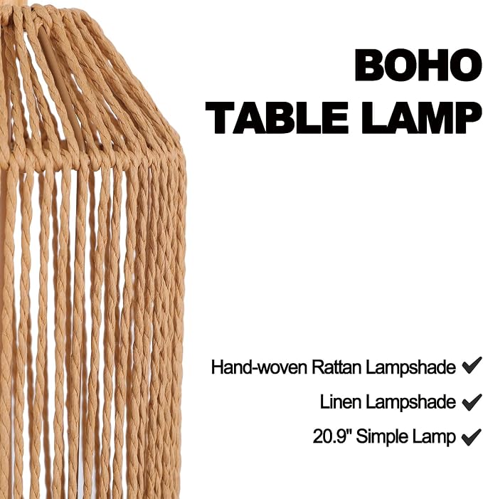 21" Boho Rattan Table Lamps Set of 2, Farmhouse Bedside Nightstand Lamps - Image 4