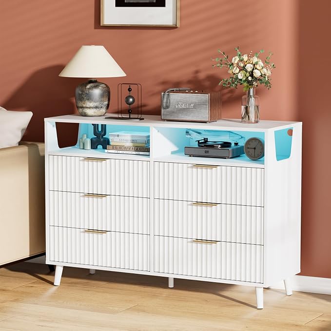 VINGLI Fluted White Dresser, Led Dresser 6 Drawer - Image 7