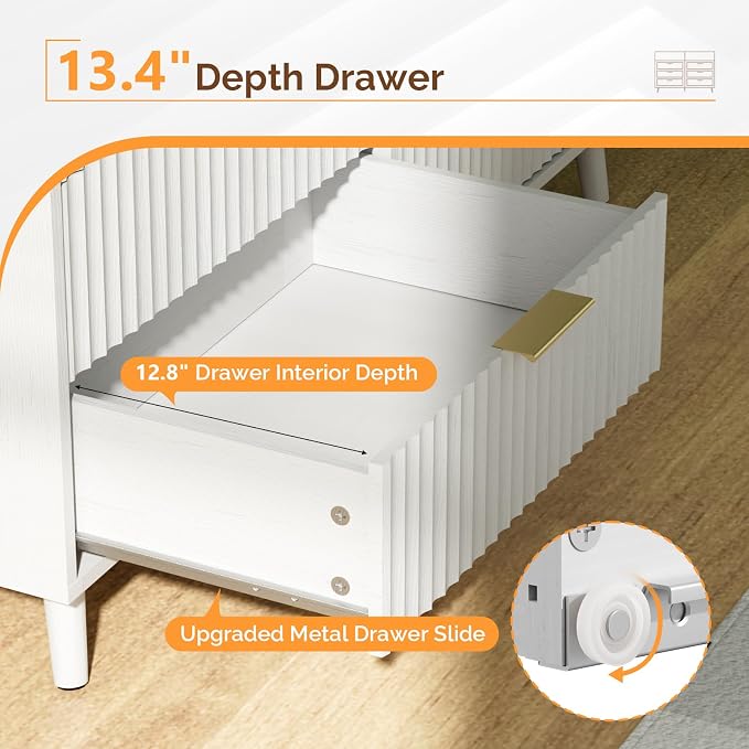 VINGLI Fluted White Dresser, Led Dresser 6 Drawer - Image 5