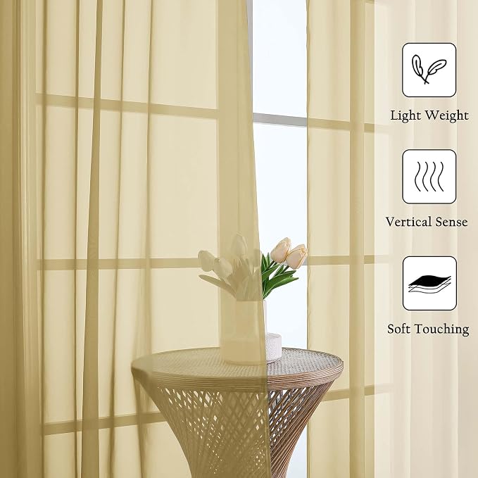 Lecloud Gold Sheer Curtains 90 Inches Long 2 Panels Set, Living Room Curtains - Image 2