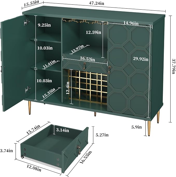 Modern Bar Cabinet with Drawer, Liquor Cabinet with Wine Glass Racks and Shelves - Image 2