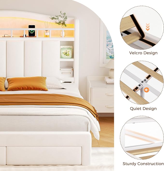 Full Size Bed Frame with LED Storage Headboard & 2 Storage Drawers, Velvet - Image 9