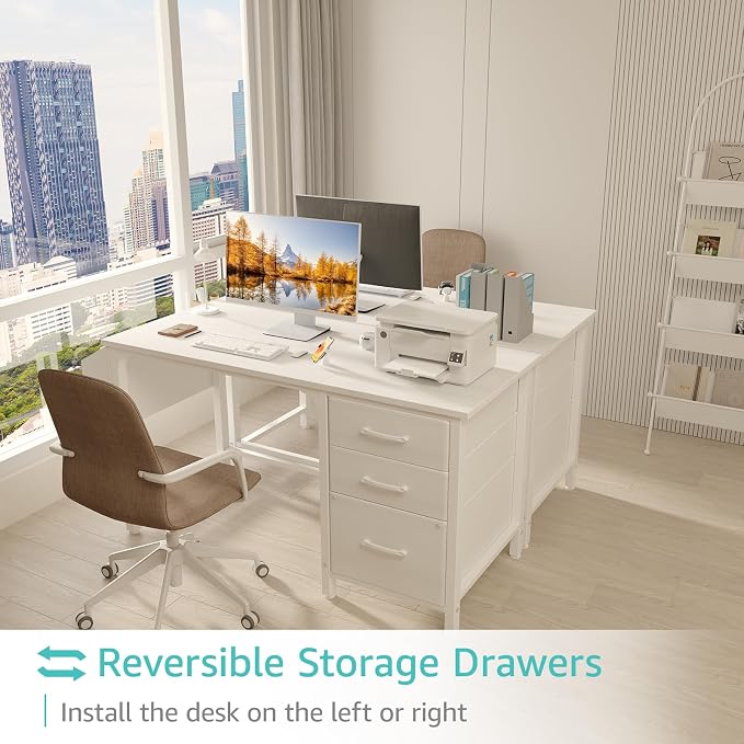 Lufeiya White Desk with File Drawers Cabinet, 47 Inch Reversible Computer Desk - Image 4