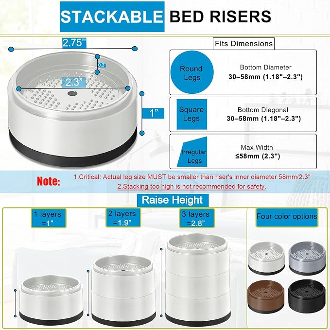Bed Risers 1 inch, 2 inch, 3 inch, 4 inch Heavy Duty, Adjustable Furniture Riser - Image 2