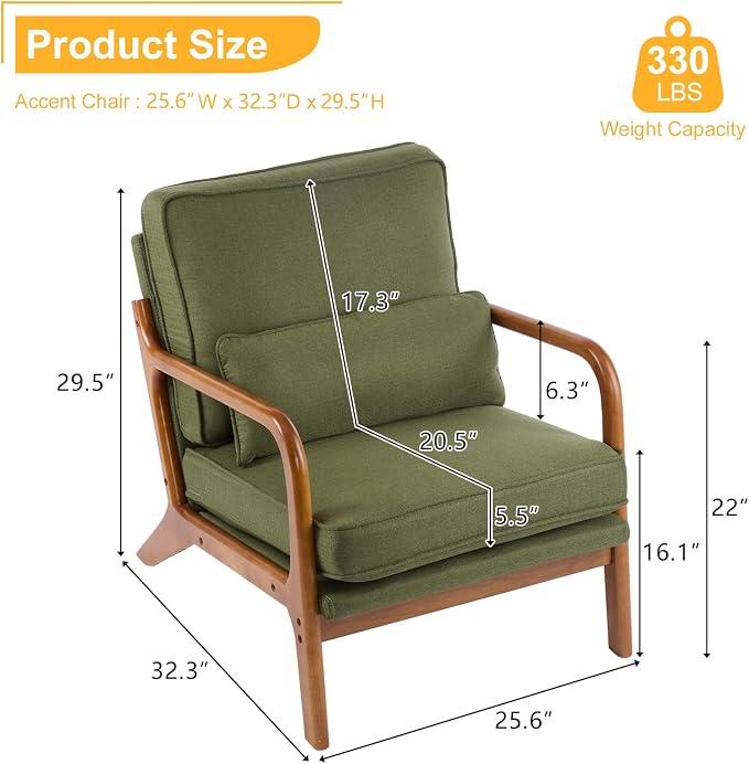 Bonnlo Dark Green Linen Accent Chairs Set of 2, Upholstered Mid Century Modern - Image 2