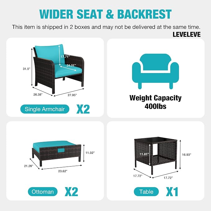 LEVELEVE Patio Conversation Set 5 Piece, Balcony Furniture Outdoor PE Rattan - Image 2