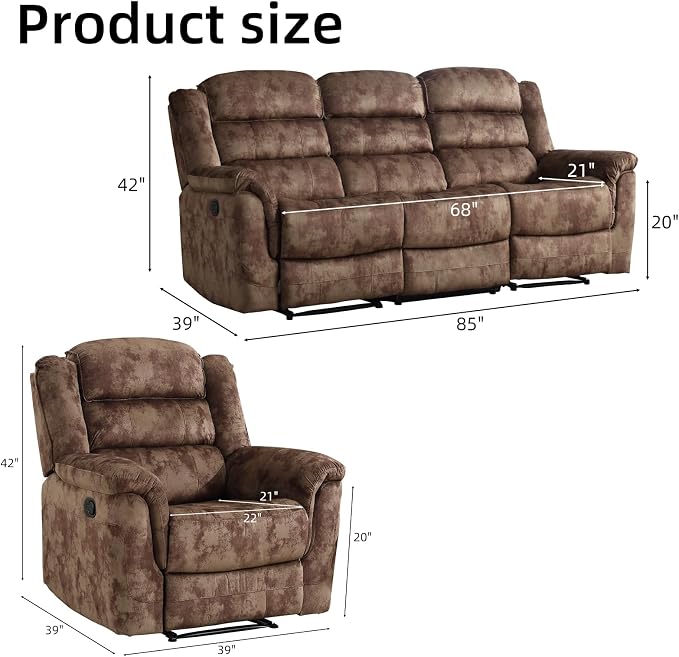 EBELLO 3 Pieces Reclining Living Room Set, Soft Fabric Manual Recliner Sofa - Image 2