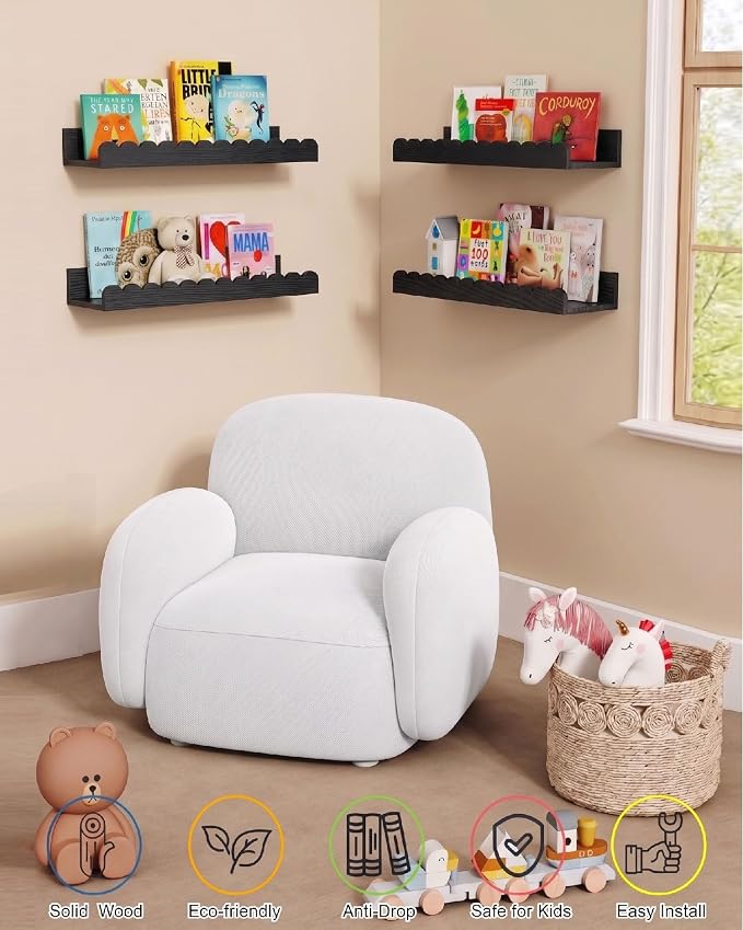 Harwaya Black Floating Nursery Wall Book Shelves Set of 4, Scalloped Shelves - Image 6