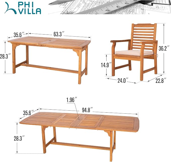 PHI VILLA 7 PCS Acacia Wood Outdoor Dining Set - Image 9