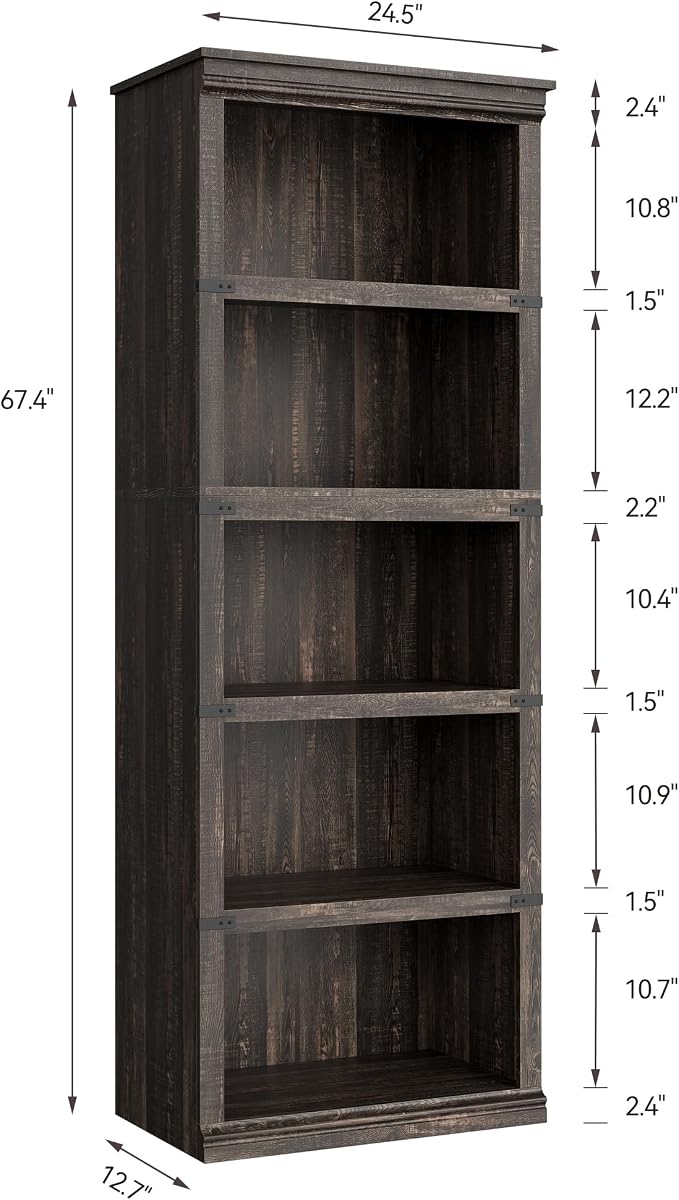 GarveeHome 5 Tier Farmhouse Bookcase, 67.4 in Tall Book Shelf - Image 2
