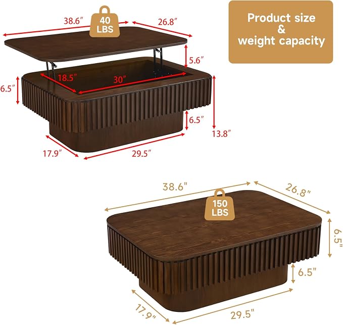 Lift Top Coffee Table for Living Room, Rectangle Handmade Solid Wood Strips - Image 3