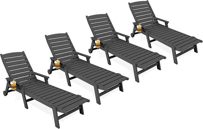 KINGYES HDPE Lounge Chair Outdoor Set of 4, Patio Chaise Lounge Recliner by KINGYES