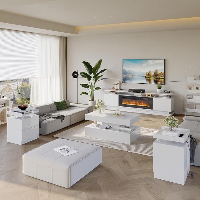 4-Piece Modern Living Room Table Set, Includes High Gloss 70" Fireplace TV Stand - Image 3