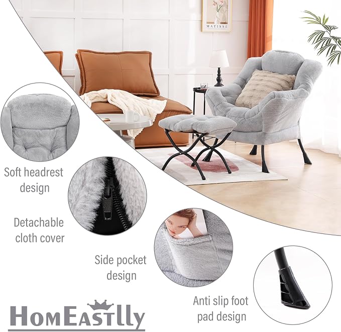 Lazy Chair with Ottoman, Large Light Grey Accent Chair with Ottoman and FA - Image 6