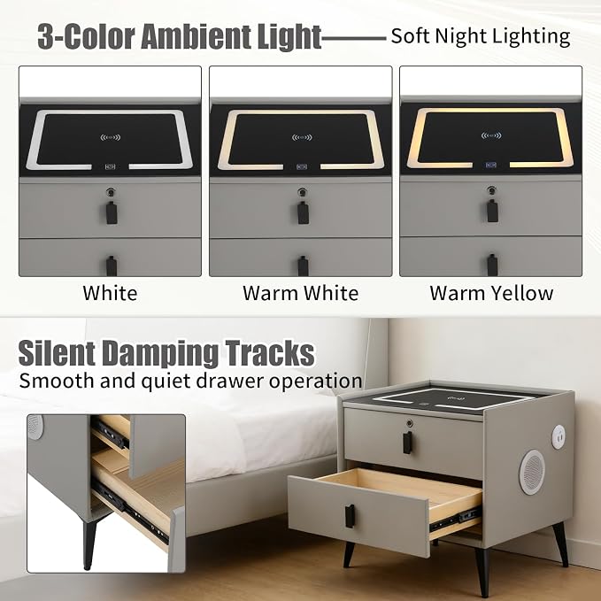 Smart Nightstand with Charging Station, Adjustable LED, USB Ports, Fingerprint - Image 5