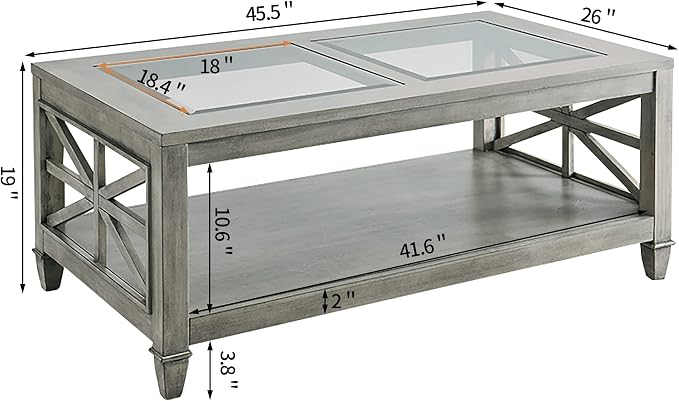 Solid Wood Coffee Table with Tempered Glass Top, 2-Tier 45.5" X 26" Farmhouse - Image 6
