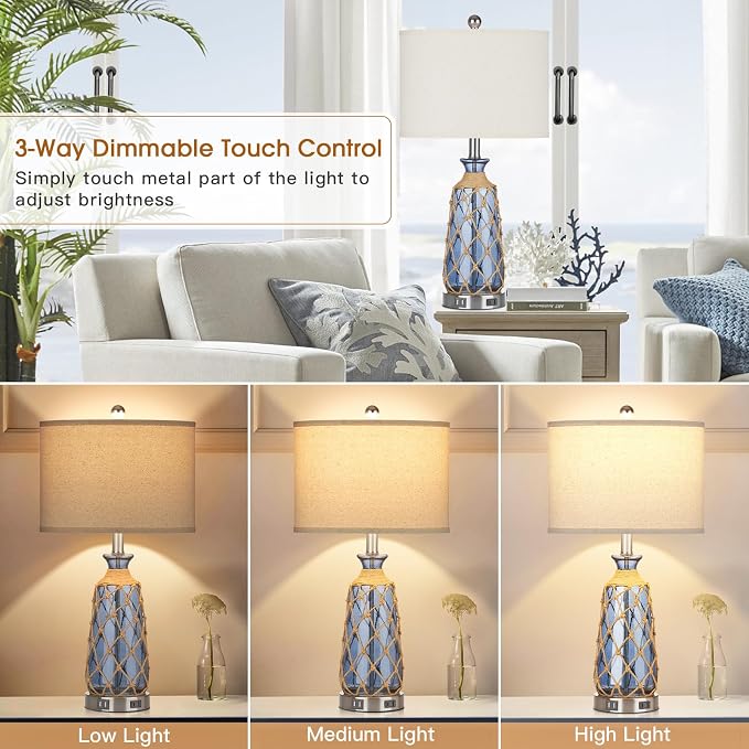 Ruzectt 25.5" Coastal Glass Table Lamps Set of 2, 3-Way Dimmable Touch Control - Image 2