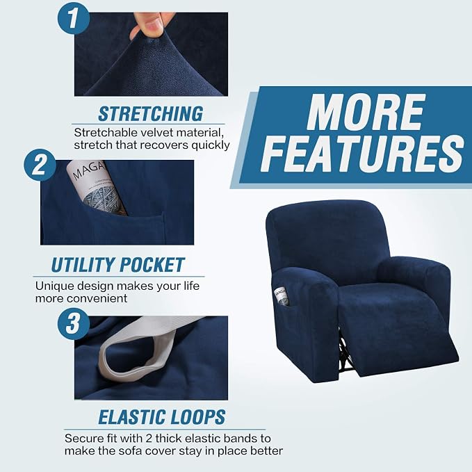 H.VERSAILTEX Velvet Stretch Recliner Couch Covers 4-Pieces Style Recliner Chair - Image 4