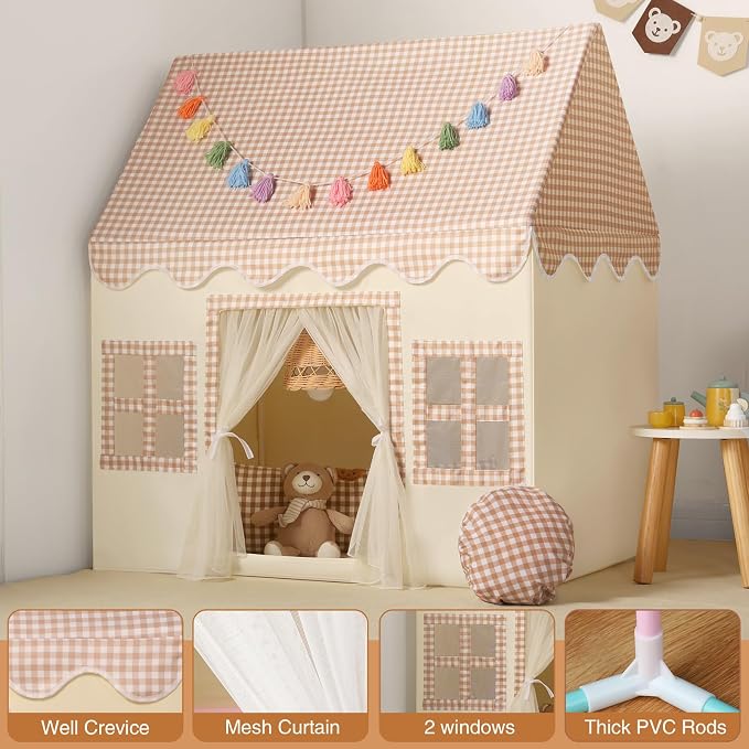 Kids Play Tent Indoor: with Brown Checkered, Rainbow Tissue Garland, Star Lights - Image 7