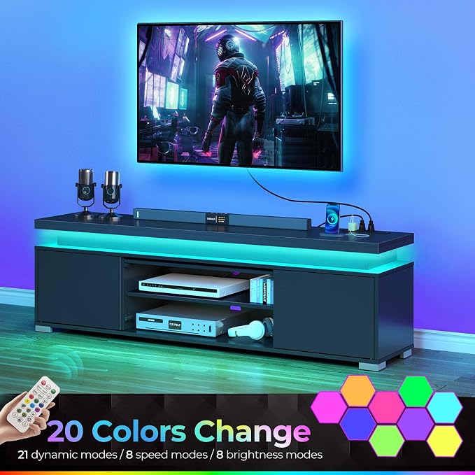 Rolanstar TV Stand with Power Outlet & LED Lights, Modern Entertainment Center - Image 7