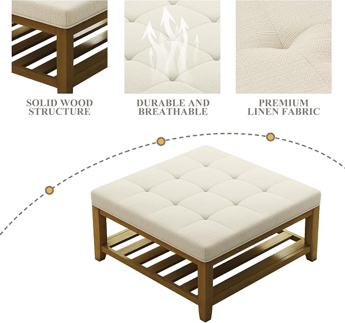 Befurtori Large Square Ottoman Coffee Table, Linen Solid Upholstered Footrest - Image 6