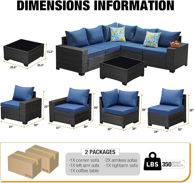 JOYURE 6 Pieces Patio Furniture Set All-Weather Outdoor Wicker Sectional - Image 4